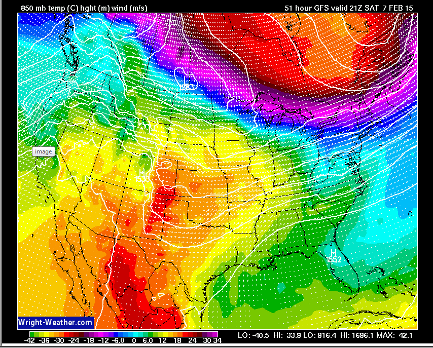 KevinWLWT's tweet photo. This means 50's! This weekend. Pacific air versus arctic air. Greens and yellows mean milder air @WLWT #mildweekend http://t.co/MOZOKqFbLT