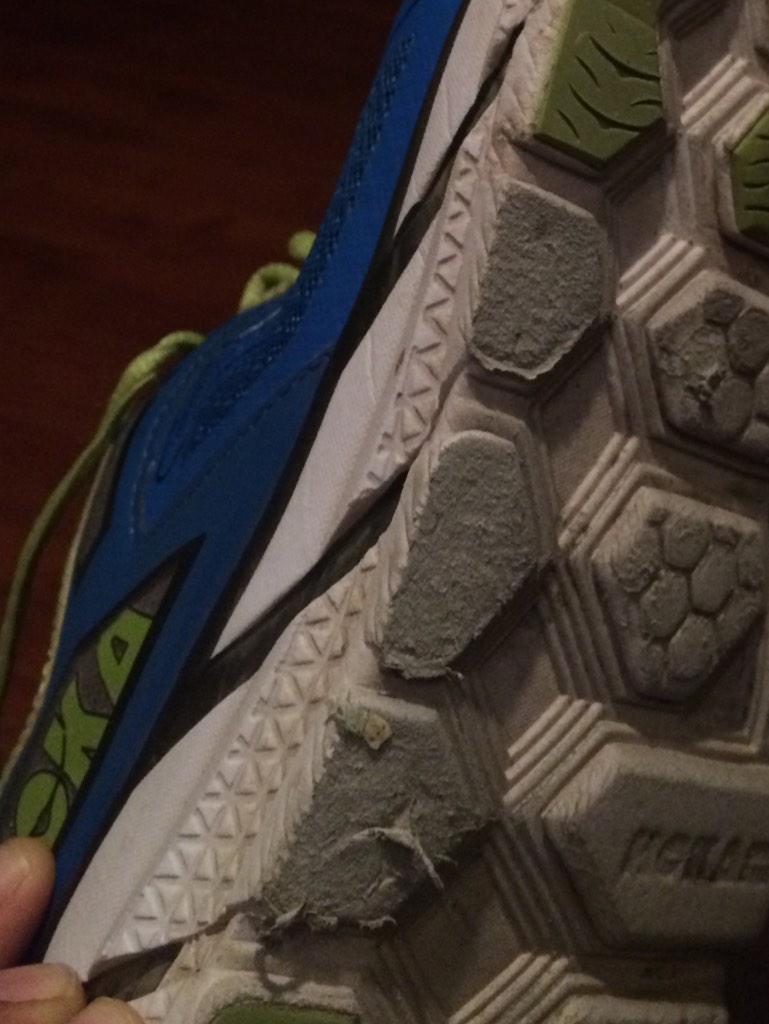 rakshmehta's tweet photo. @HOKAONEONE love my cliftons. But are they durable? significant wear in ~75miles! http://t.co/IsHeseTJal