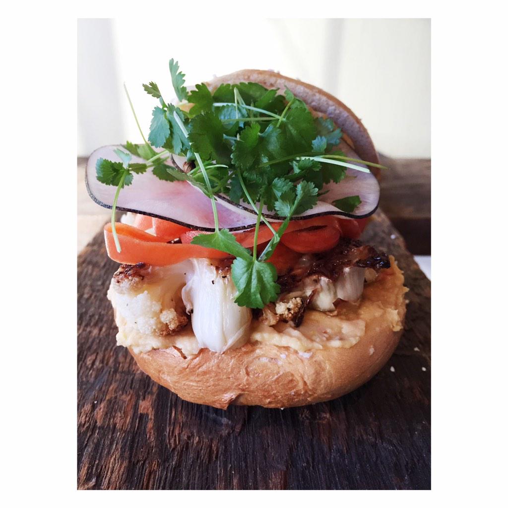 Pickled Thai chile hummus, roasted cauliflower, pickled carrots, black radish, micro cilantro #vegan #chicago #food