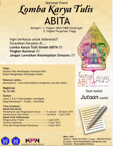 PPIPM's tweet photo. RT @FestivalABITA: LOMBA KARYA TULIS ILMIAH Tingkat Nasional Pelajar &amp; Mahasiswa Info > http://t.co/SVen3mNslr http://t.co/oxVlCavq8r