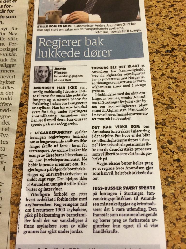 Juss_Buss's tweet photo. Les kommentar fra medarbeider Anette om dagens høring av @AndersAnundsen i @db_nyheter http://t.co/NxpgajbTWh