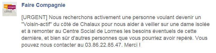 "Faire compagnie" rech personne sur Chalaux 03.86.22.85.47. <a href="/fabienbazin/">fabien bazin</a> <a href="/algretgeorges/">anne algret-georges</a> <a href="/lejdc_fr/">Le Journal du Centre</a> <a href="/radiomorvan/">Radiomorvan</a>