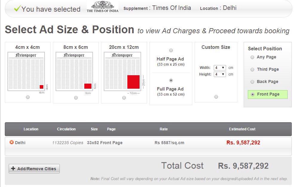 AAPbhushan's tweet photo. Cost of a Full Page Ad in Times Of India Alone is over 95Lakhs 
But still i dont think this would impact AAP voters http://t.co/7ObXKKNJB0