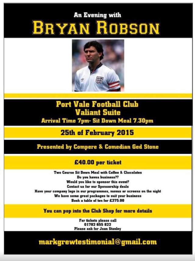 Excited for this!If you haven't booked your table already get in contact soon! <a href="/mark_grew/">Mark Grew</a> <a href="/bryanrobson/">Bryan Robson</a> <a href="/OfficialPVFC/">Port Vale Football Club</a>