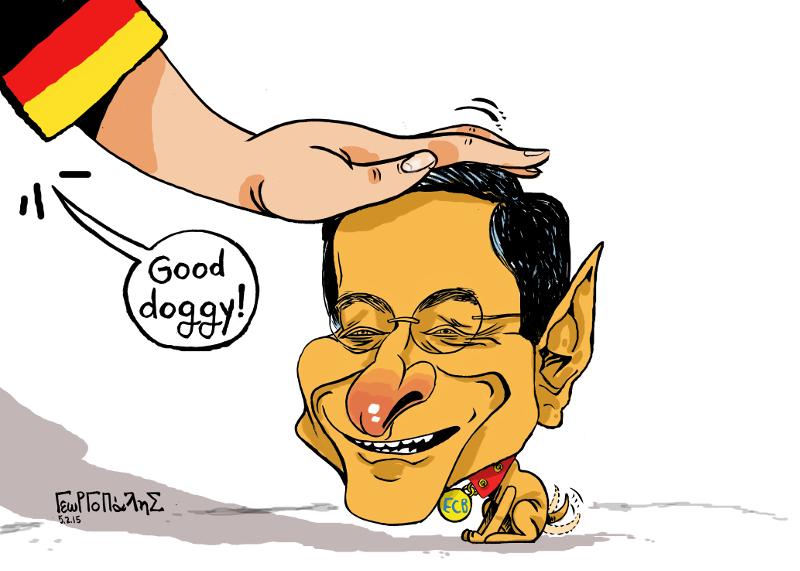 OlivDrot's tweet photo. "Good #DoggyDraghi", le dernier dessin de #FF @georgopalis 
#Grèce #BCE #Grexit
http://t.co/eDBj7o0UKa http://t.co/xJpLGf9EPb