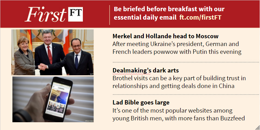 The darker side of Chinese dealmaking, Lad Bible goes large. More on #FirstFT Sign up at on.ft.com/1AzzPog