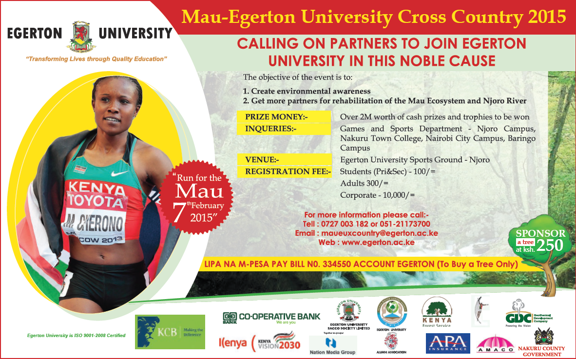 NationAfrica's tweet photo. Sponsored: On 7th Feb. Join Egerton University 'run for the Mau' to rehabilitate the Mau Ecosystem and Njoro river http://t.co/zQ3d8GMhRh