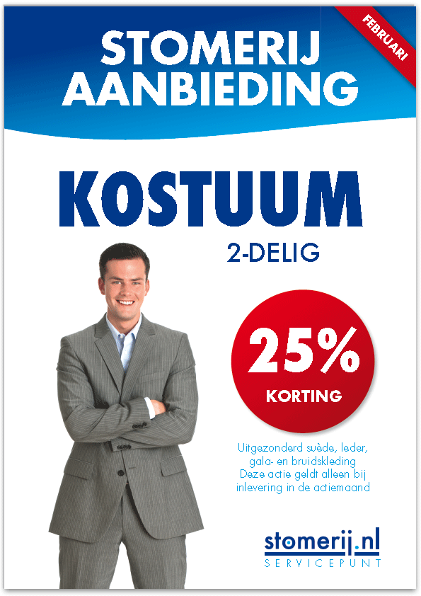 stomerij aanbieding voor februari. 2 delig kostuum 25% korting