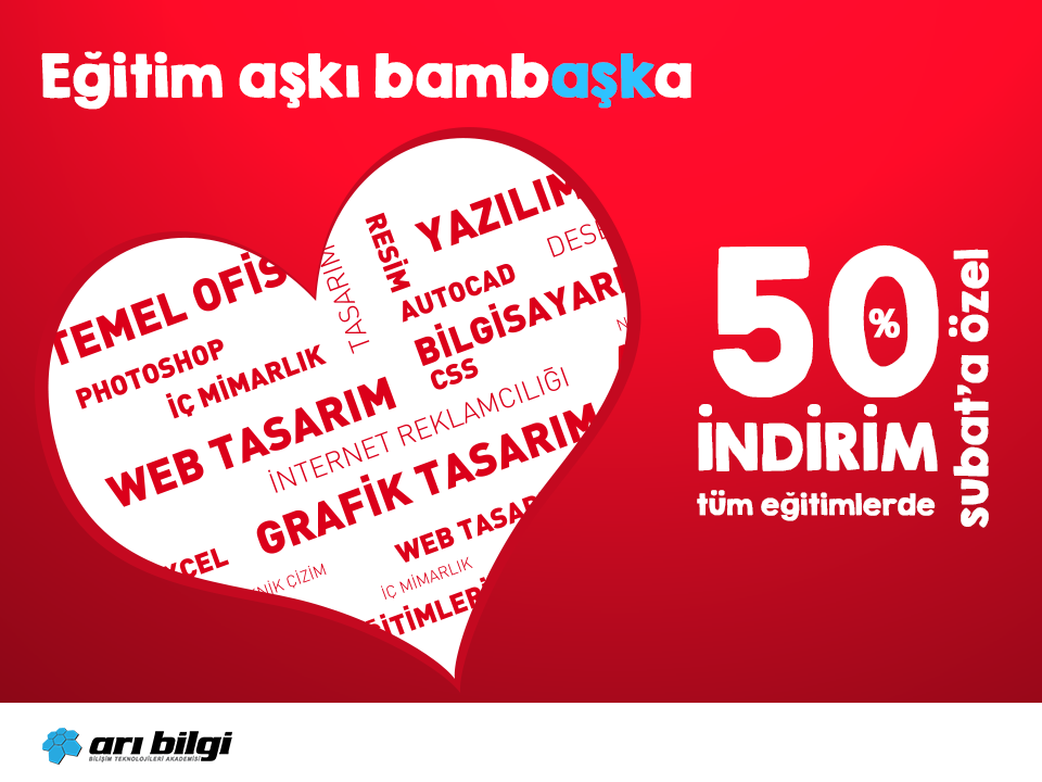 Şubat Ayı'na Özel Tüm Eğitimlerimizde %50 İNDİRİM !!
Eğitim aşkı bambAŞKa !

buff.ly/1xzpYYm