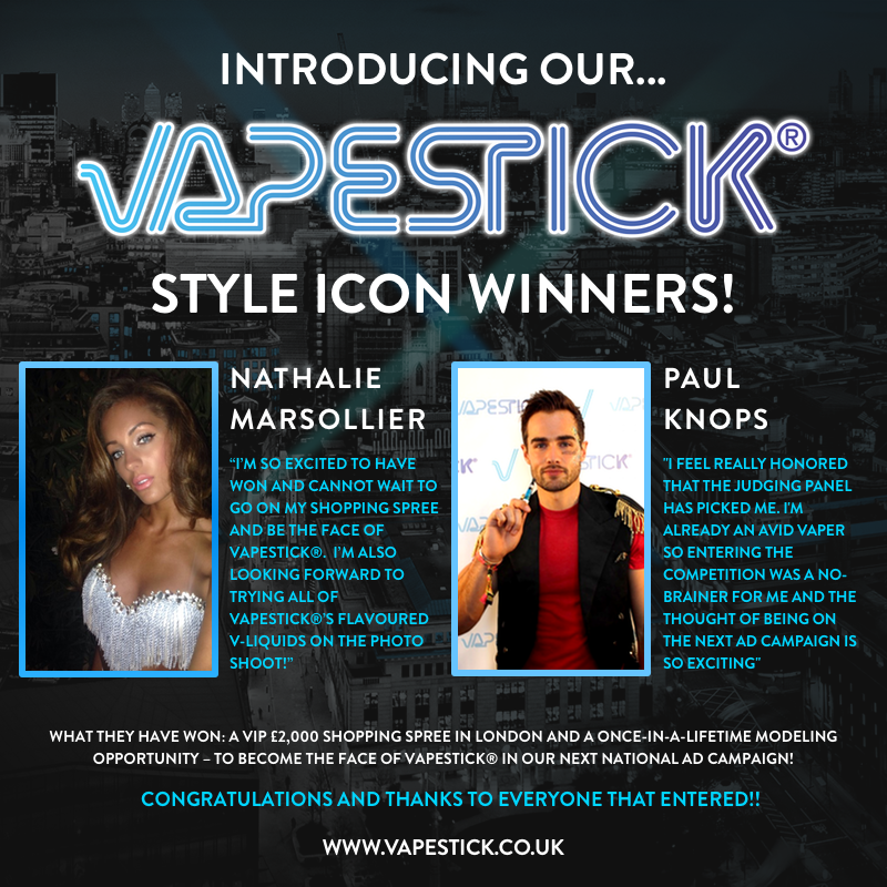 VAPESTICK's tweet photo. #Congratulations to our very lucky 'VAPESTICK Style Icon' #winners, Nathalie & Paul!! #VapestickIcon #Ecigs #Vaping http://t.co/XwnjnBGl0R