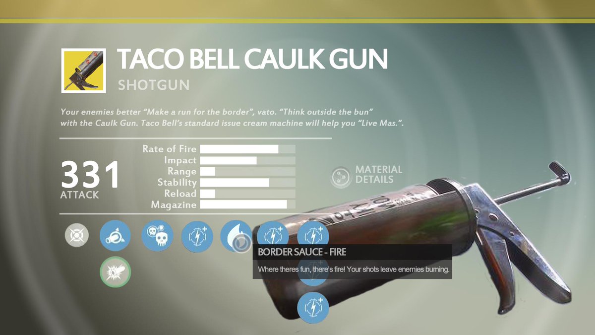 BucketOfMeecrob's tweet photo. @Bungie my Titan would like to wrap his @tacobell lovin fingers around this sour cream spewing bad boy! @MattWestrom http://t.co/GrnpbG5gaS