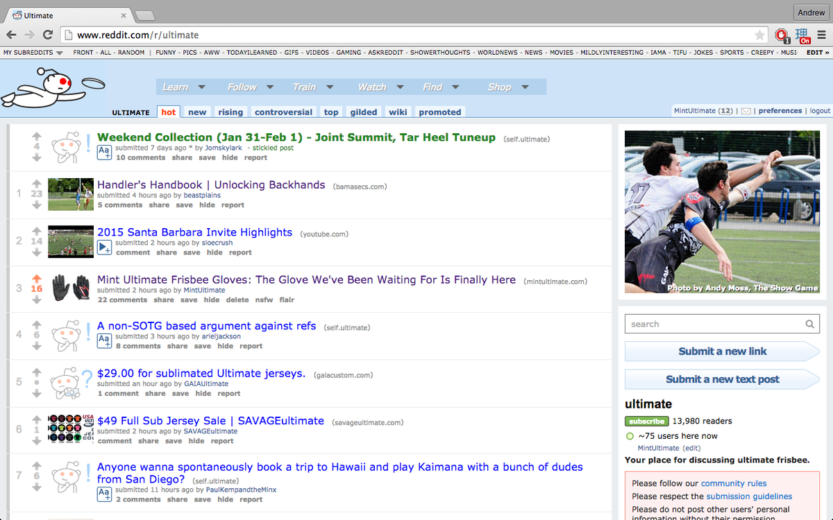 MintUltimate's tweet photo. We are 'hot' on reddit! Join in on the discussion! #MintUltimate #ANewBeginning #NewFrisbeeGloves http://t.co/XM6IxAp36d