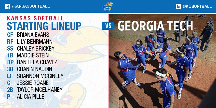 KUSoftball's tweet photo. Game two starters are in the books vs. Georgia Tech. Same order/fielding, Pille in the circle. #JayhawkSoftball http://t.co/NdhzSCqPIK