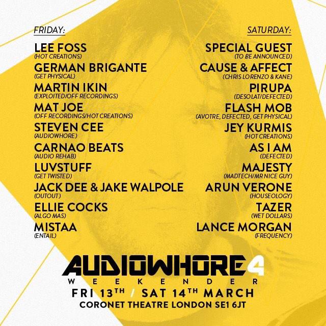 luvstuff_music's tweet photo. Full line-up for the @AudioWhore_ 4th birthday weekender 👌 http://t.co/svqZk7uhxQ