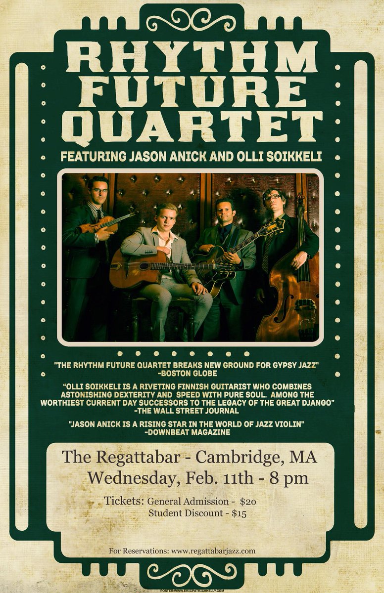 RhythmFuture's tweet photo. This Wednesday, Feb. 11th @TheRegattabar! #Gypsyjazz #Django http://t.co/YoFmSxv540