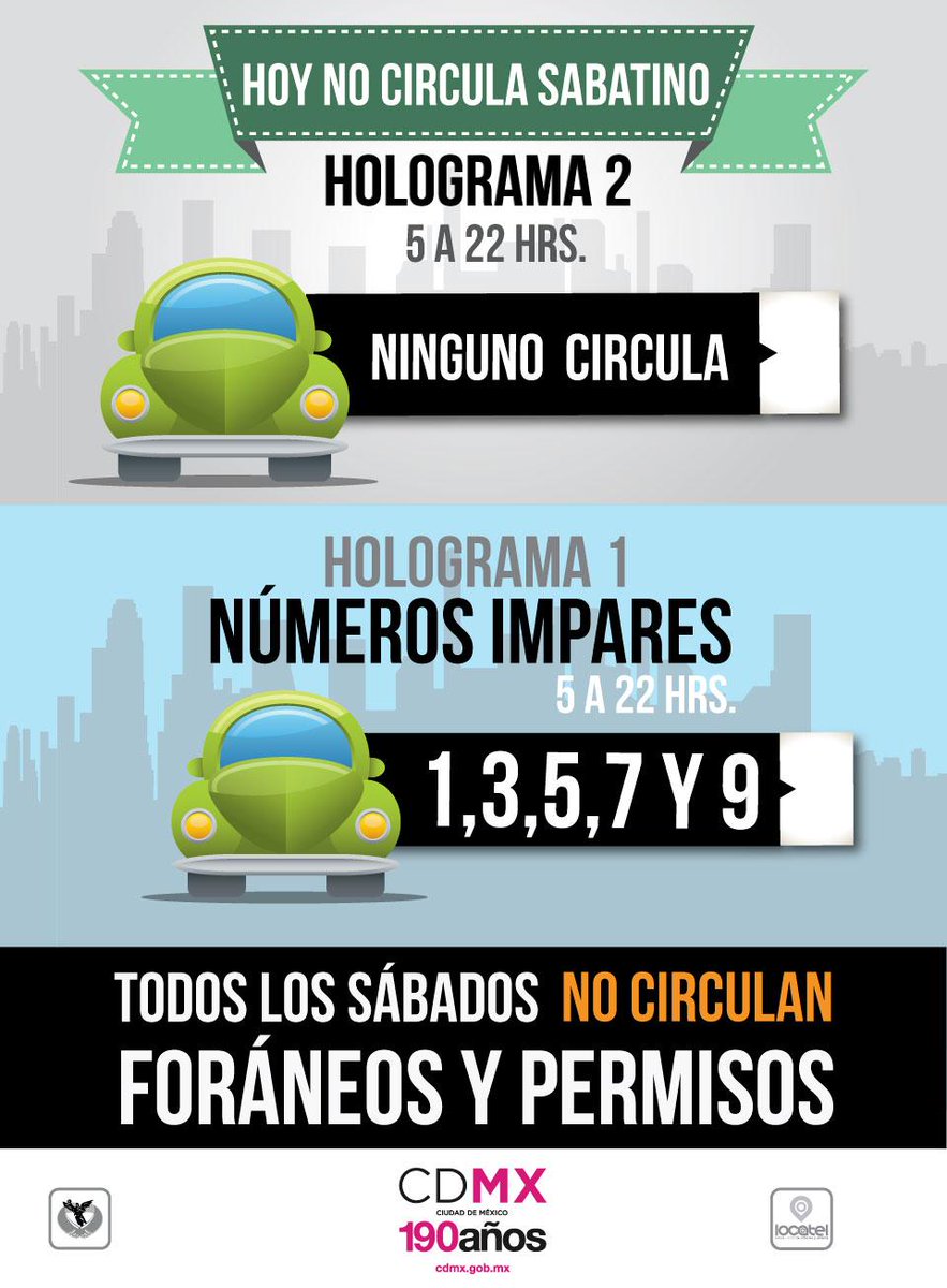 locatel_mx's tweet photo. #HoyNoCircula para este sábado: Vehículos con holograma 2, foráneos, permisos y holograma 1 terminación IMPAR. http://t.co/ZYvhXljQA6