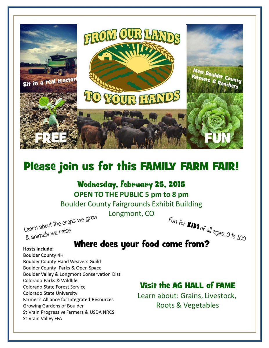 BoulderCountyAG's tweet photo. Local #agriculture showcase, From Our Lands to Your Hands, A Family Farm Fair, Feb 25 #Longmont. #landstohands http://t.co/8WrLfQWbRA