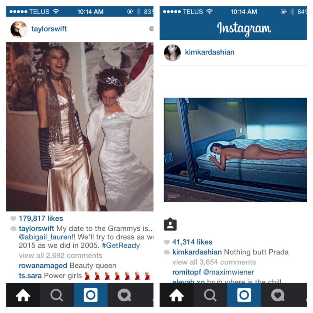 KendylOele's tweet photo. T-Swift vs. Kim K Instagram, kills me. http://t.co/i9AXVRbtSl