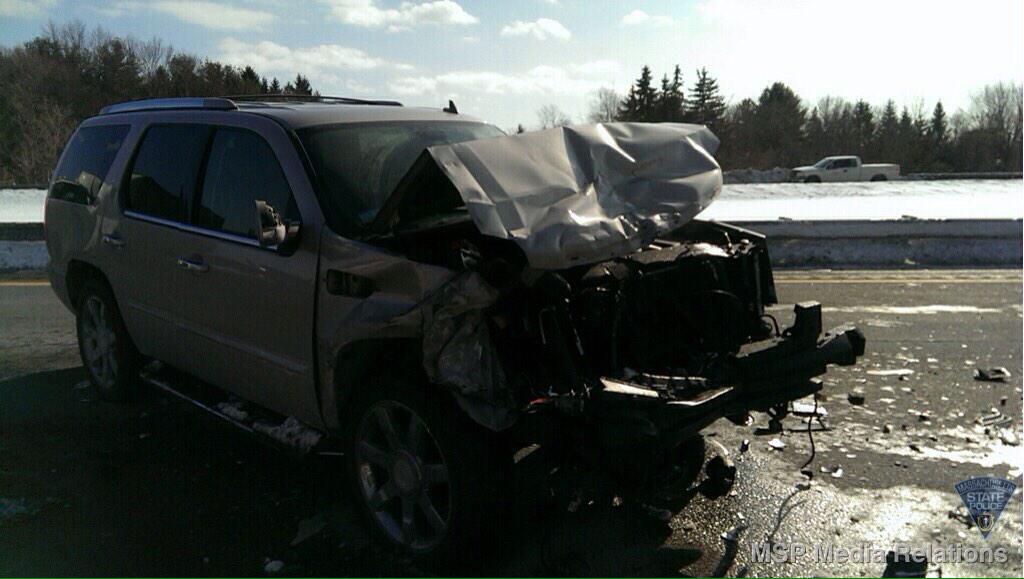 MassStatePolice's tweet photo. #MAtraffic Backup from crash; Distracted operator struck snow removal operations vehicle. I-90 WB #Ludlow. http://t.co/MsWByppZyN