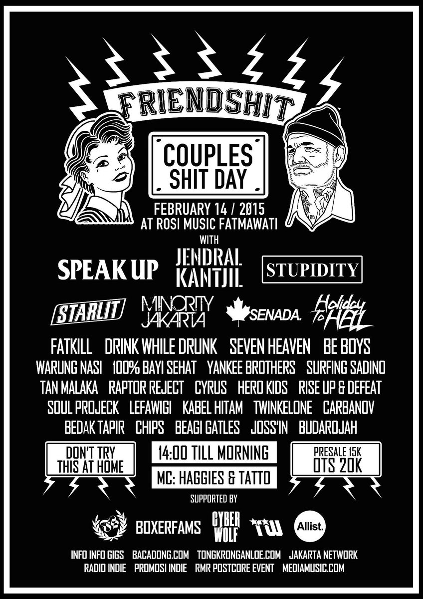 RT <a href="/FRIENDSHITcrew/">FRIENDSHIT</a>: <a href="/speakupjakarta/">Speak Up</a> <a href="/JENDRALKANTJIL/">JENDRAL KANTJIL</a> <a href="/Stupiditos_/">STUPIDITY 25</a> <a href="/starlitpoppunk/">STARLIT</a> <a href="/MinorityJakarta/">Minority Jakarta</a> <a href="/SENADAmedia/">S-</a>