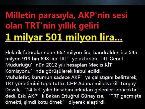 Milletin parasıyla Akp'nin sesi olan TRT'nin yıllık geliri.....!! "