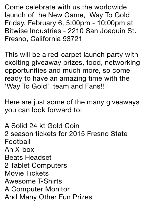 WayToGold's tweet image. #WayToGoldLaunchParty at @BitwiseFresno tonight... Everyone is invited!