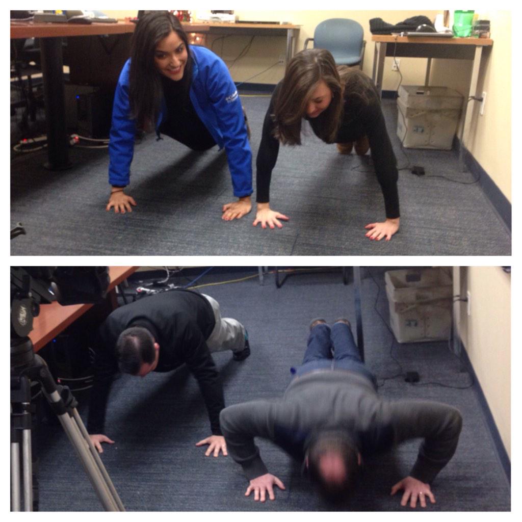 DanSerafin's tweet photo. @BoydMelson Look what you started! RT @MagdalenaDoris What are my coworkers doing?! @News12BK  #PushupsForParalysis  http://t.co/ktUn7LWy3M