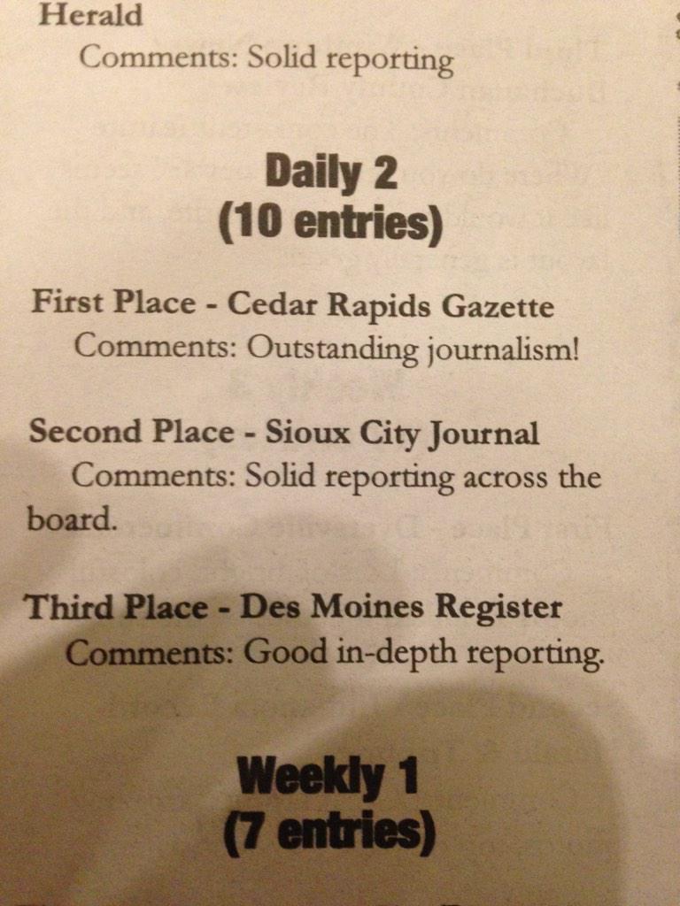 ErinDMurphy's tweet photo. #INA15 coverage of government & politics awards. Way to go, @jamesqlynch, @rodboshart, @SCJBretH and teams. http://t.co/69VS2agyIN