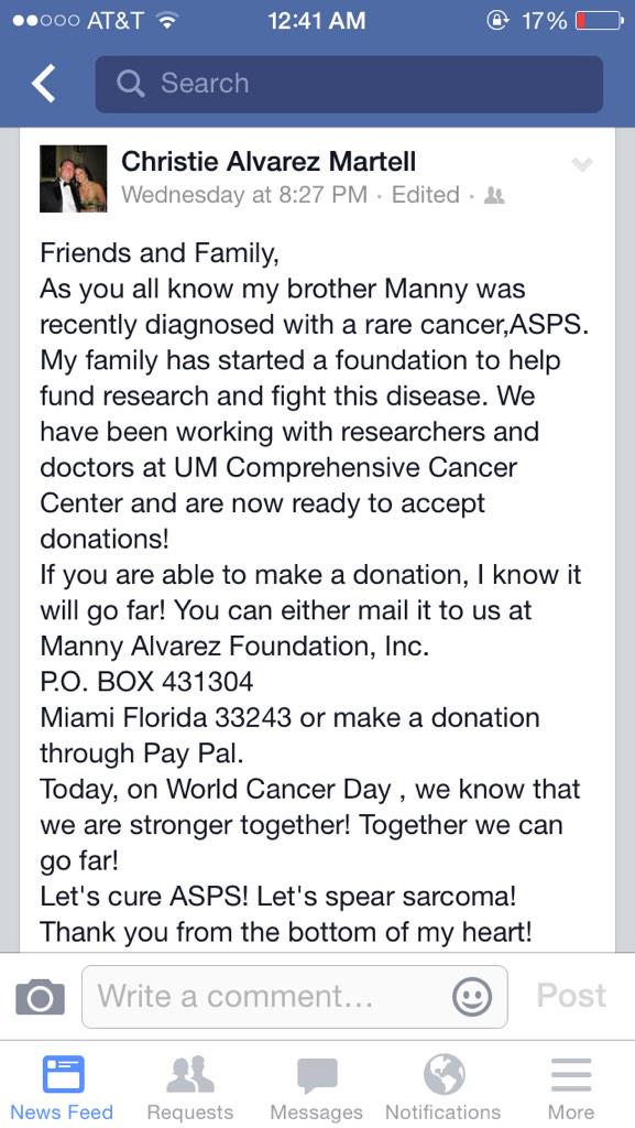 bellasfernandez's tweet photo. Please pray and donate!! Every thought counts!! we love you manny!! #teammanny #cureASPS @SpearSarcoma πππ http://t.co/a5p2ztJOtR