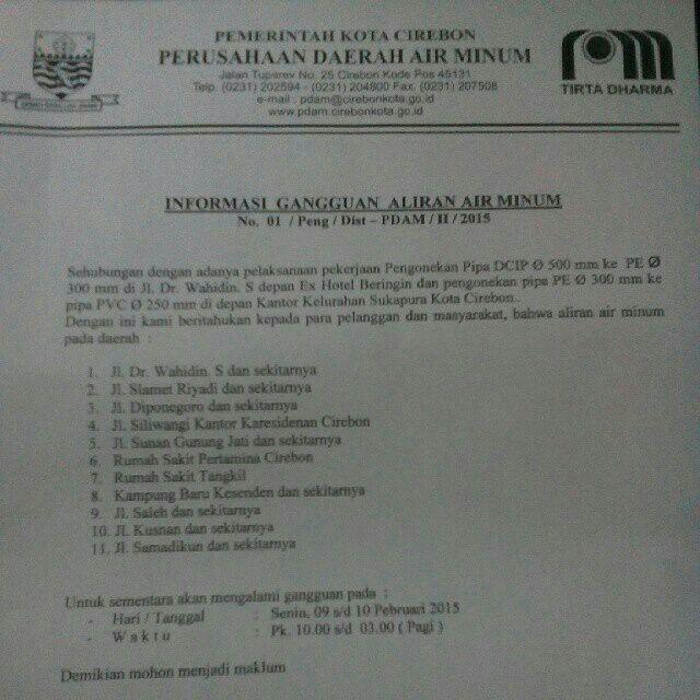 Info Gangguan PDAM, Senin 9 Februari 2015. #infocrb