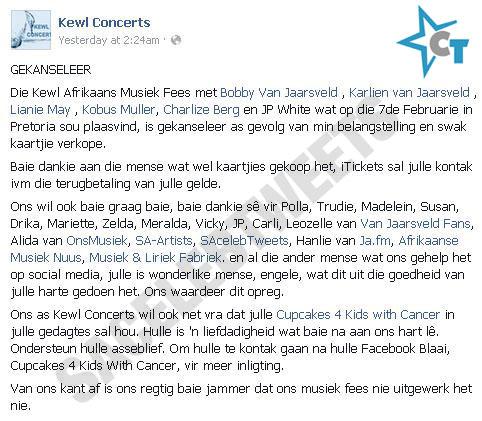 SACelebTweets's tweet photo. Net weer ter inligting: Die @KewlConcerts Afrikaanse Musiek Fees wat vandag sou plaasvind, is ongelukkig afgestel. http://t.co/EEy45RreXA