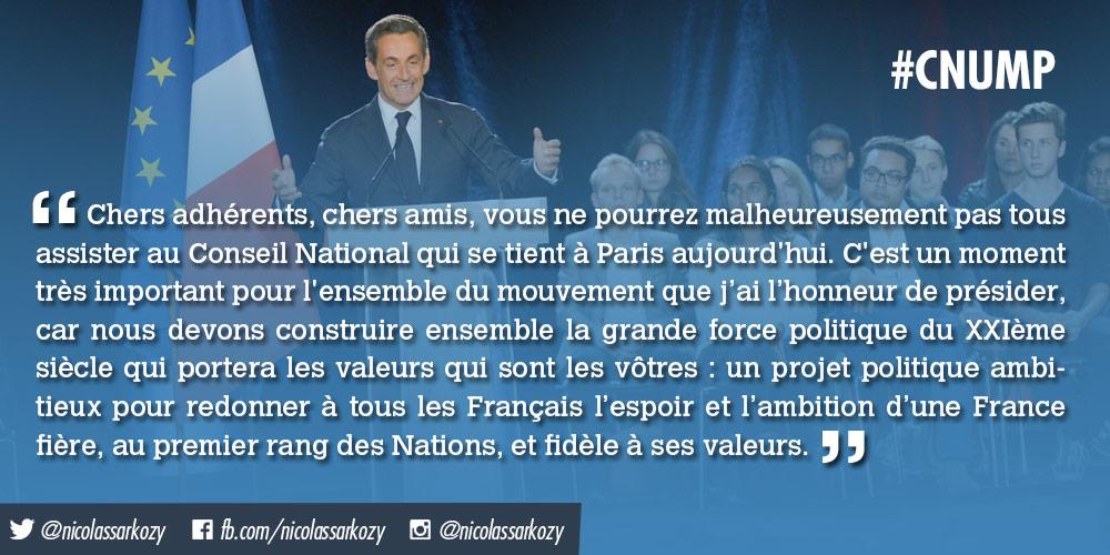 NicolasSarkozy's tweet photo. Nous devons construire ensemble la grande force politique du XXIème siècle qui portera vos valeurs - NS #CNUMP http://t.co/MoXCCwcQos