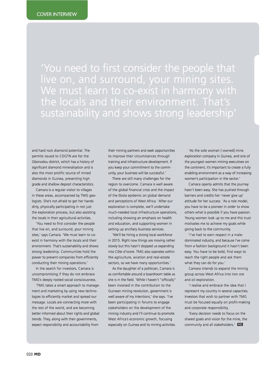 TiguiMining's tweet photo. Ms.#TiguidankeCamara, #Chairman &amp; #CEO of @TiguiMining Group on the #CoverShot &amp; #interview of #MiningDecisions. Read http://t.co/Q2vJNcUYTV