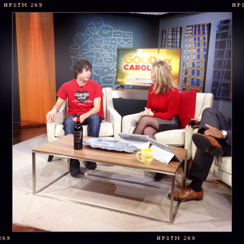 BrianFox46's tweet photo. @ColbyRedWine is here in the studio with us. #GoodDayCarolinas http://t.co/JvaH5sIaYu