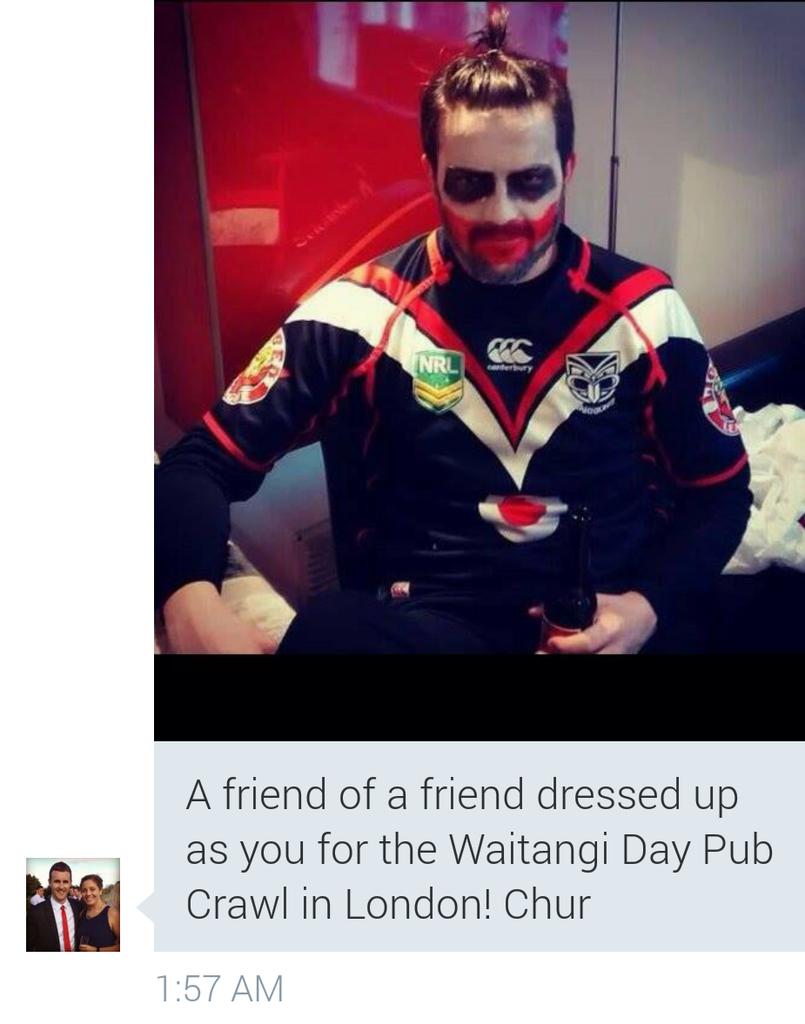 TheMtSmartJoker's tweet image. @NZWarriors fan spotted during the Waitangi Day Pub Crawl in London #WarriorsForever #MSJ #WDPC