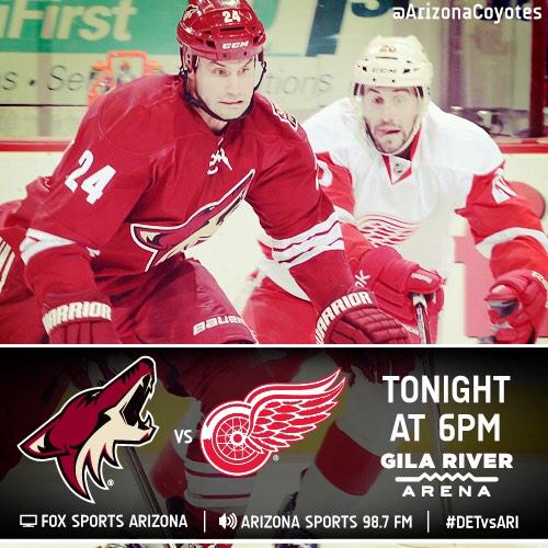 ArizonaCoyotes's tweet photo. GAME DAY! Taking on the @DetroitRedWings tonight at @GilaRivArena. Puck drops at 6 PM. http://t.co/sPqA9QCjw4