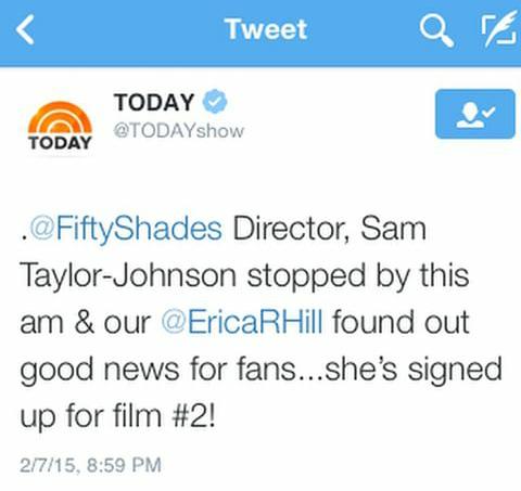 TuChristianGrey's tweet photo. Ayer confirmaron que habrá película de Cincuenta sombras más oscuras, y hoy que Sam continuará como directora. http://t.co/agoKGBLSN2