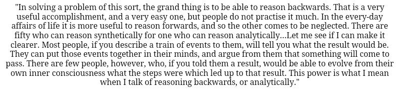 ValueNiveshak's tweet photo. Sherlock Holmes on 'reasoning backwards'!
#CharlieMunger #InvertAlwaysInvert
#Sensex #Nifty http://t.co/XNYH0hrJQd
