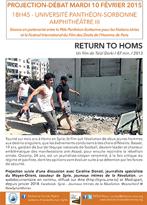 FIFDH_Paris's tweet photo. Ce mardi, 18h45 à @SorbonneParis1 Amphi III : "Return to Homs" avec @Pole_ONU projection + échange avec @carocherif http://t.co/hHHpPkMoep