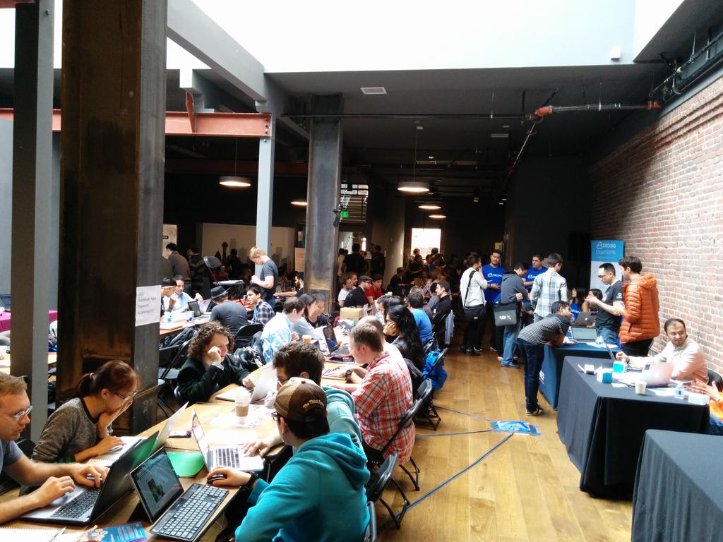 pusher's tweet image. Crazy busy at #DevWeek15 #hackathon
