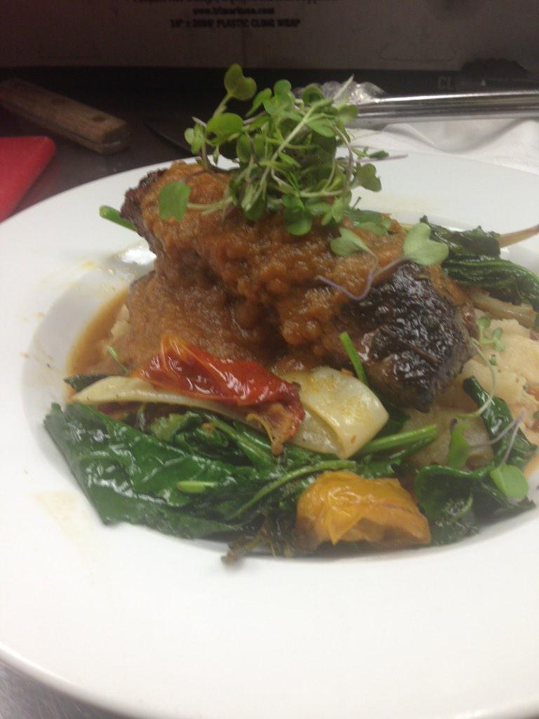 Braised beef short ribs garlic cheddar mashed sautéed BROCCOLI SPIGARELLO, roasted tomatoes,dragon tongue beans