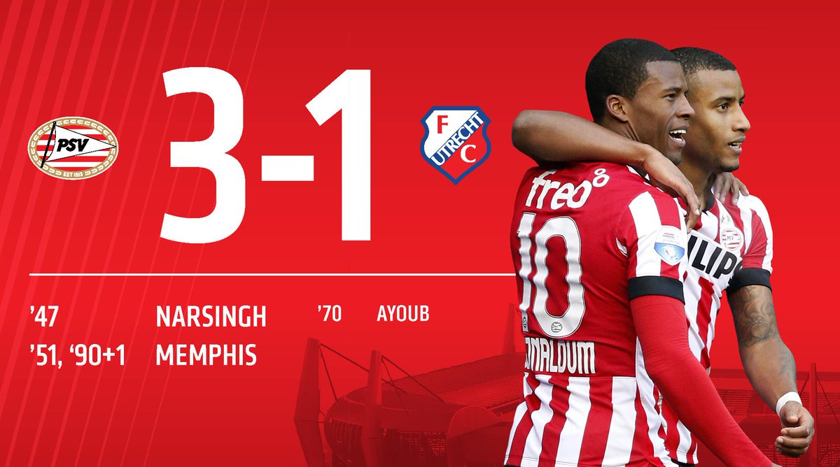 PSV's tweet photo. En weer drie punten erbij!! Mooie 3-1 zege op FC Utrecht met goals van Memphis (2) en Narsingh. #eendrachtmaaktmacht http://t.co/aHAICheckc