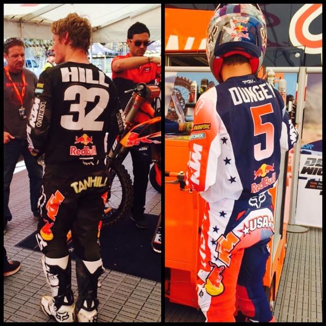 SupercrossLIVE's tweet photo. Caught @jrhill32 and @ryandungey sporting their special racewear today in honor of #militaryappreciation! #Supercro… http://t.co/zbJF08lYda