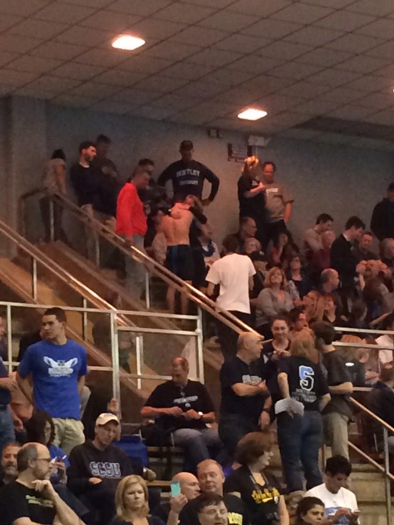 TheNortheast10's tweet photo. Sw/Di Championships:AWESOME moment- @BentleyFalcons Sr. C. Mulvey-Hudson goes into crowd to celebrate win with family http://t.co/P7HsuKwjvW