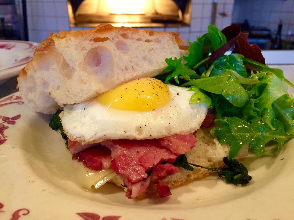 You should have had this for brunch today!! Niman Ranch Corned Beef, Fried Egg, Spinach & Gruyere on Focaccia!! Yum!