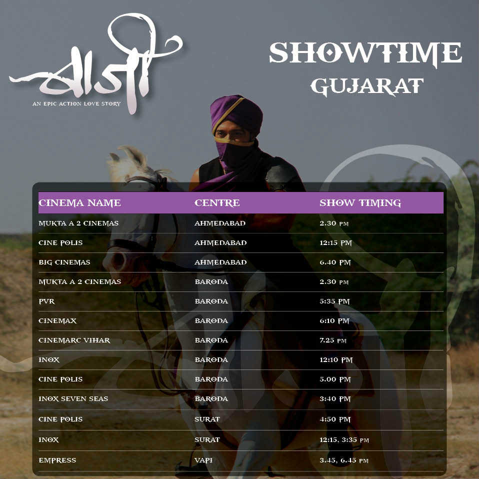 BAJIthemovie's tweet photo. उर्वरित महाराष्ट्र, गुजरात आणि कर्नाटकमध्ये या सर्व ठिकाणी आपण बाजी पाहू शकता. बुकिंग- http://t.co/Qq7aH6ZwVS http://t.co/kSCuh1UNyM