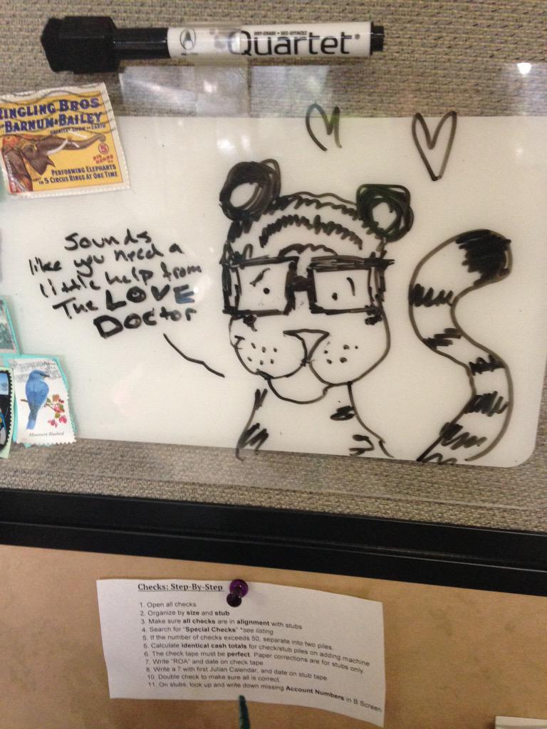 Seawhisped's tweet photo. Tell your problems to the LOVE Doctor #deskdoodles #lovedoctor #tiger #glasses #wipeoffboard http://t.co/7IrBO1qg9n
