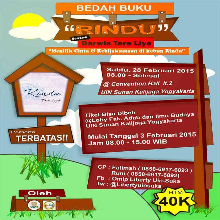 Jogjastudent's tweet photo. #EventYk @ajie_candra: 28 Feb 2015 08.00 | Bedah Buku "RINDU" bersama TERE LIYE | Convention Hall UIN Suka | HTM 40k http://t.co/SCeIx2nZJN