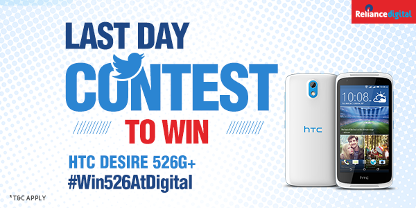 RelianceDigital's tweet photo. Last day! Answer the 5 simple questions and stand a chance to win the HTC Desire 526G+. #Win526AtDigital #Contest http://t.co/pKFP1WY1zo