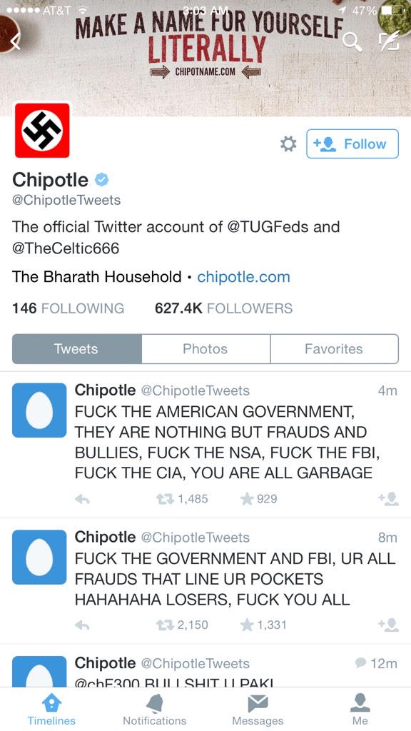 AllxCaps's tweet image. Yooo @ChipotleTweets' Twitter account is hacked af lol! #oops #chipotleHack